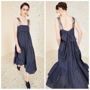 Ulla Johnson Bess Lurex-trimmed Pinstriped Cotton-blend Voile Midi Dress Navy 4